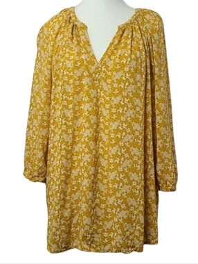 Cynthia Rowley Yellow Floral Blouse 2X Ditsy Print V Neck 3/4 Sleeve Cottagecore